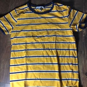 short shirt yellow, navy, & white striped.